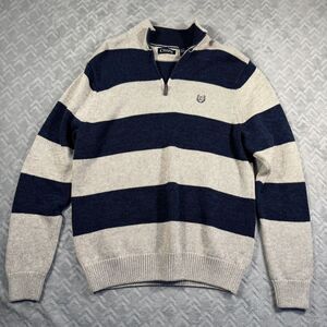 Chaps Sweater Men Large 1/4 Zip Knit Sweatshirt Pullover Blue/Gray Stripe Lauren